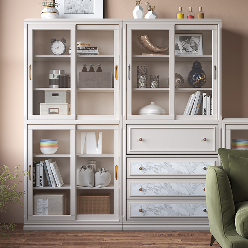 书柜实木推拉门白色带玻璃客厅展示柜儿童落地靠墙书架收纳柜防尘