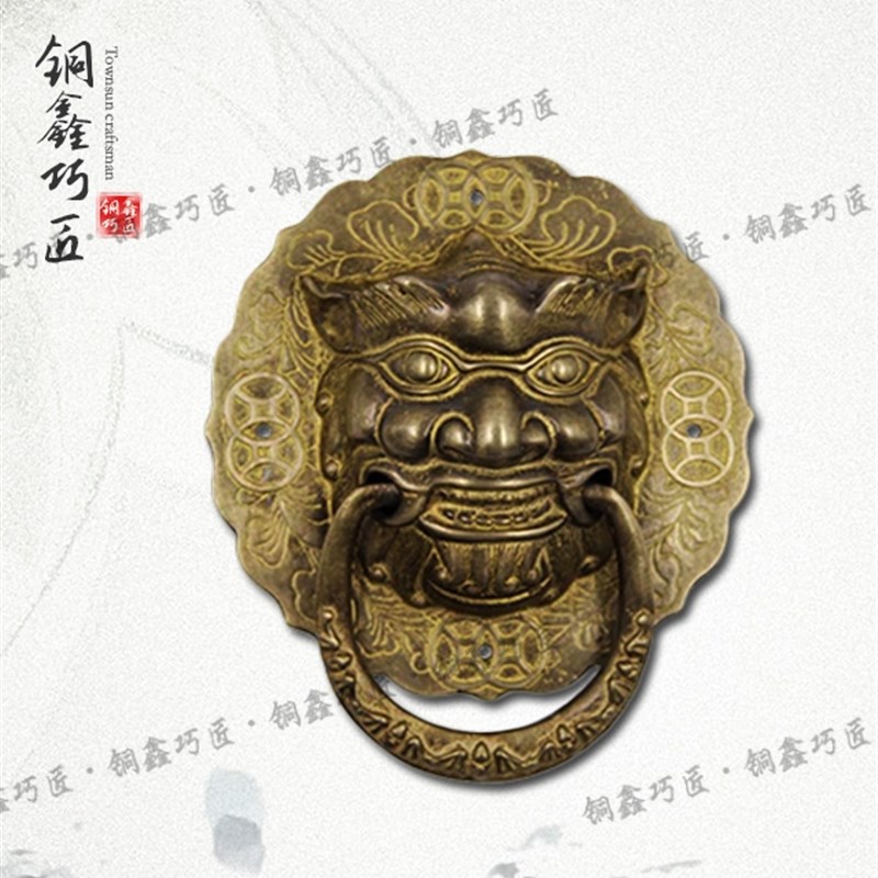 纯铜狮子仿古门环纯黄铜中式大门把手麒麟虎头大拉手铺首衔环