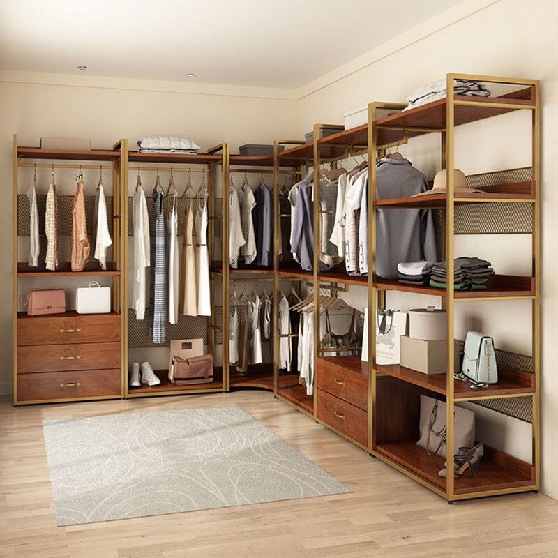 开放式衣帽架落地实木衣架多功能置物架金色铁艺挂衣架金属收纳架