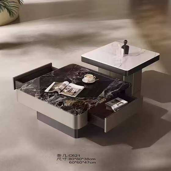 方形微晶石茶几家用客厅网红设计师带抽屉大小高低咖啡茶桌组合