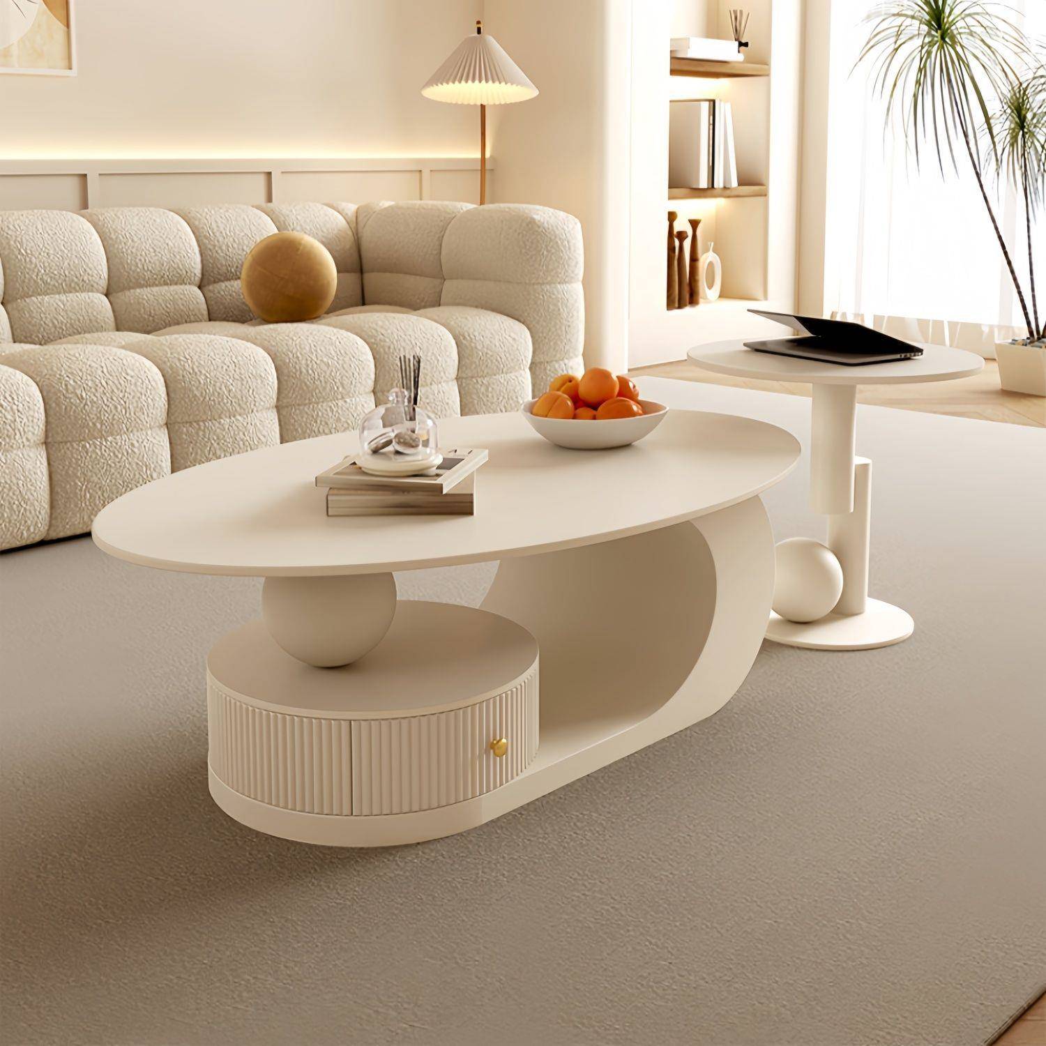 奶油ins风岩板椭圆形茶几客厅铁艺茶几小户型新款网红茶桌边几套