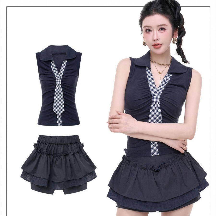 藏青雙層荷葉邊裙褲顯瘦