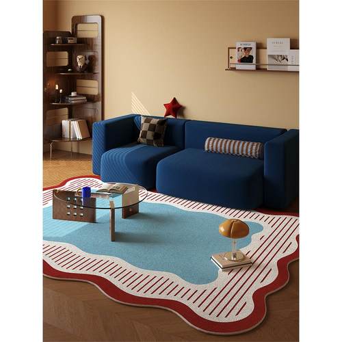 RUG原创设计 蓝色中古包豪斯地毯客厅高级异形免洗可擦地垫不规则