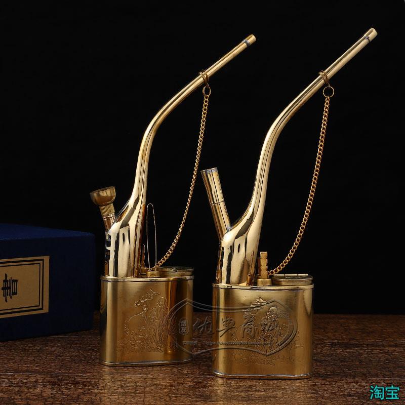 黄铜烟袋锅子两用老式 弯式水过滤烟斗旱烟杆 纯铜水烟壶一口香