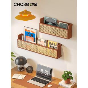 原色藤书和报纸架实木墙壁存储架杂志客厅壁挂式木制图画书古董风