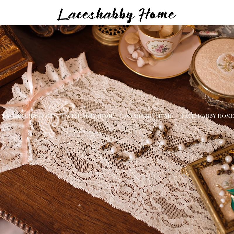LACESHABBY新款法式LEAVERS LACE米色法蕾绣花蕾丝蝴蝶结桌旗桌布