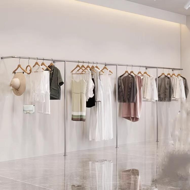 服装店上墙展示架不锈钢入墙陈列架男女装童装店落地式简约挂衣架