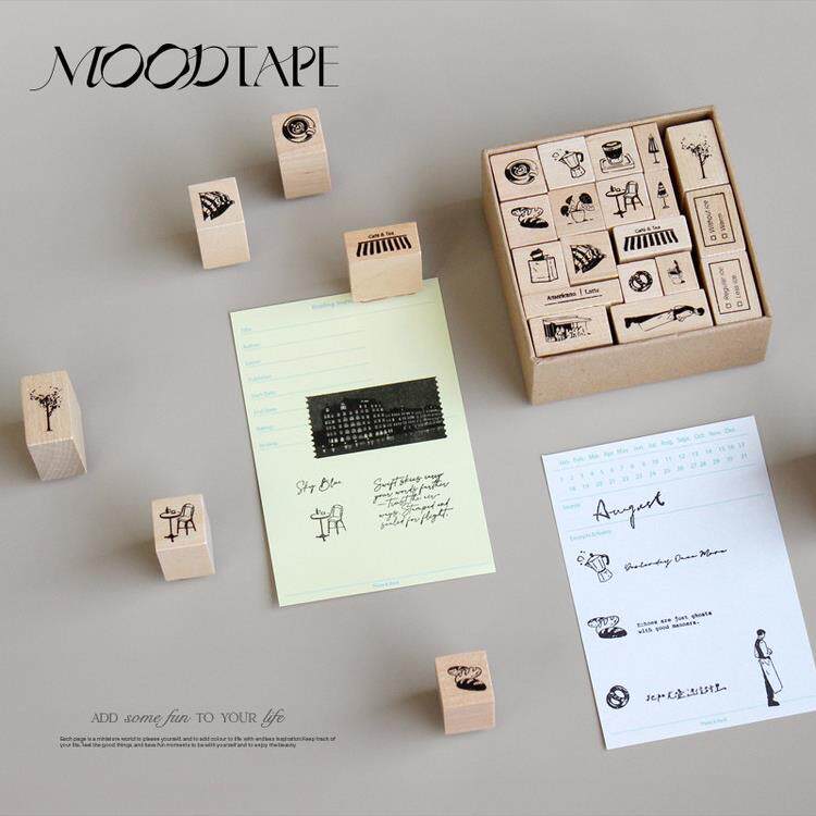 moodtape.Cafe原创手帐方盒木质印章橡皮章文字套装mood文具印章