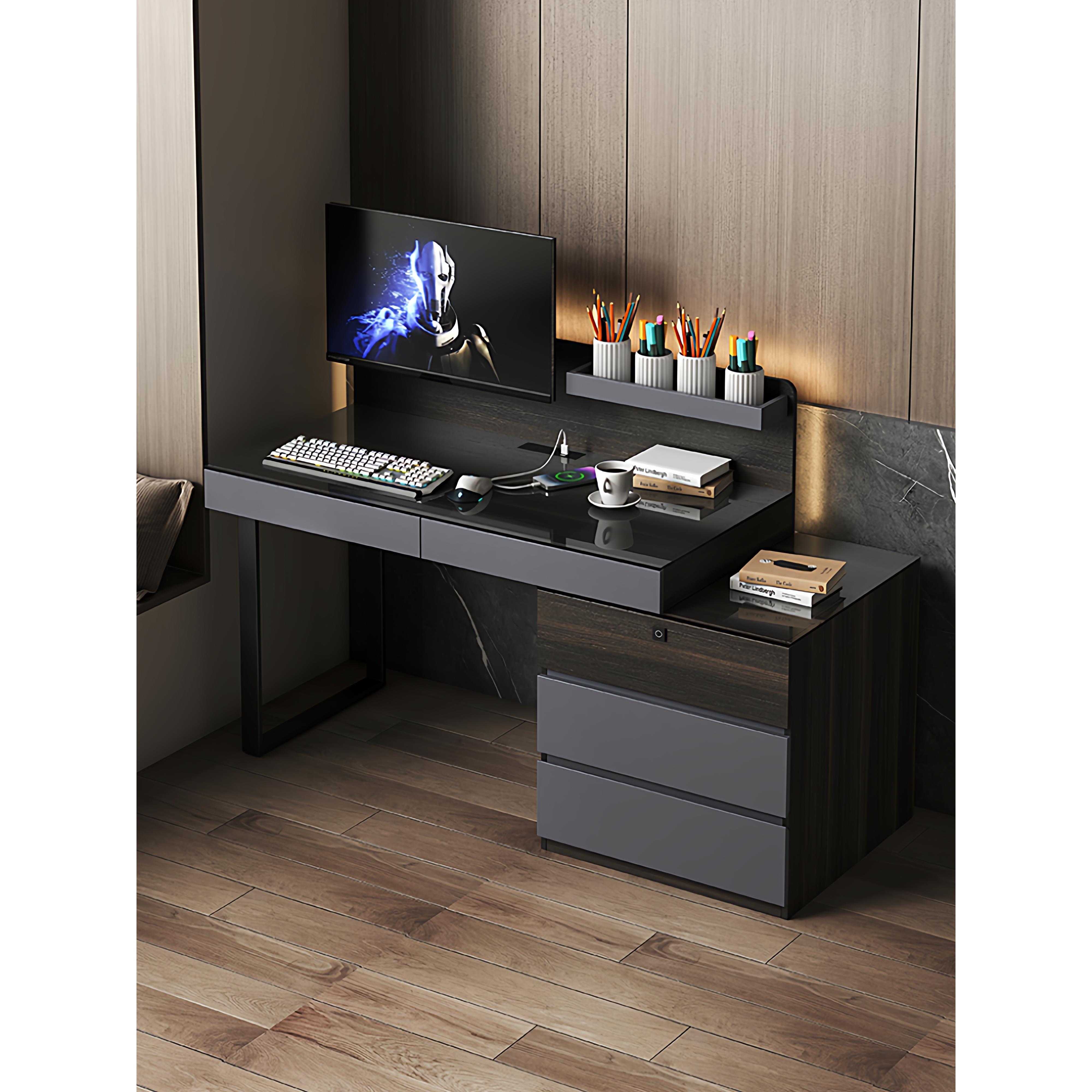 意式极简书桌轻奢现代办公桌卧室家用实木高级学习伸缩一体电脑桌