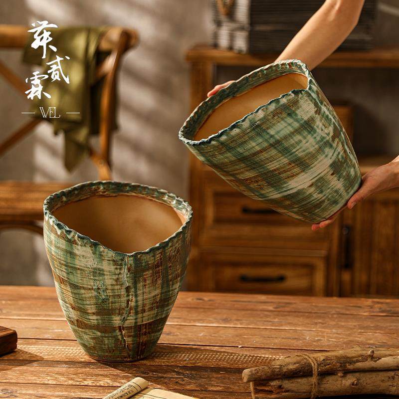 景德镇陶瓷花瓶复古手工做旧花器诧寂风高级感大口径釉面花盆摆件