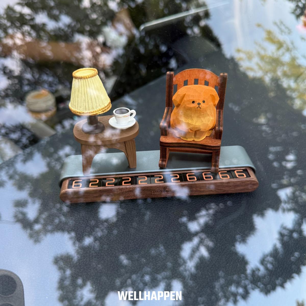 高级喝茶木雕金毛挪车电话牌车内可隐藏临时停车双号码牌移车摆件