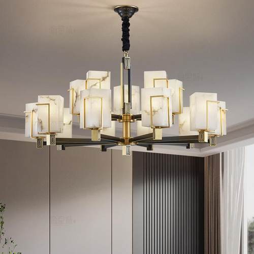 新中式复式楼大吊灯客厅挑空别墅楼中楼中空新款铜云石大厅主灯具