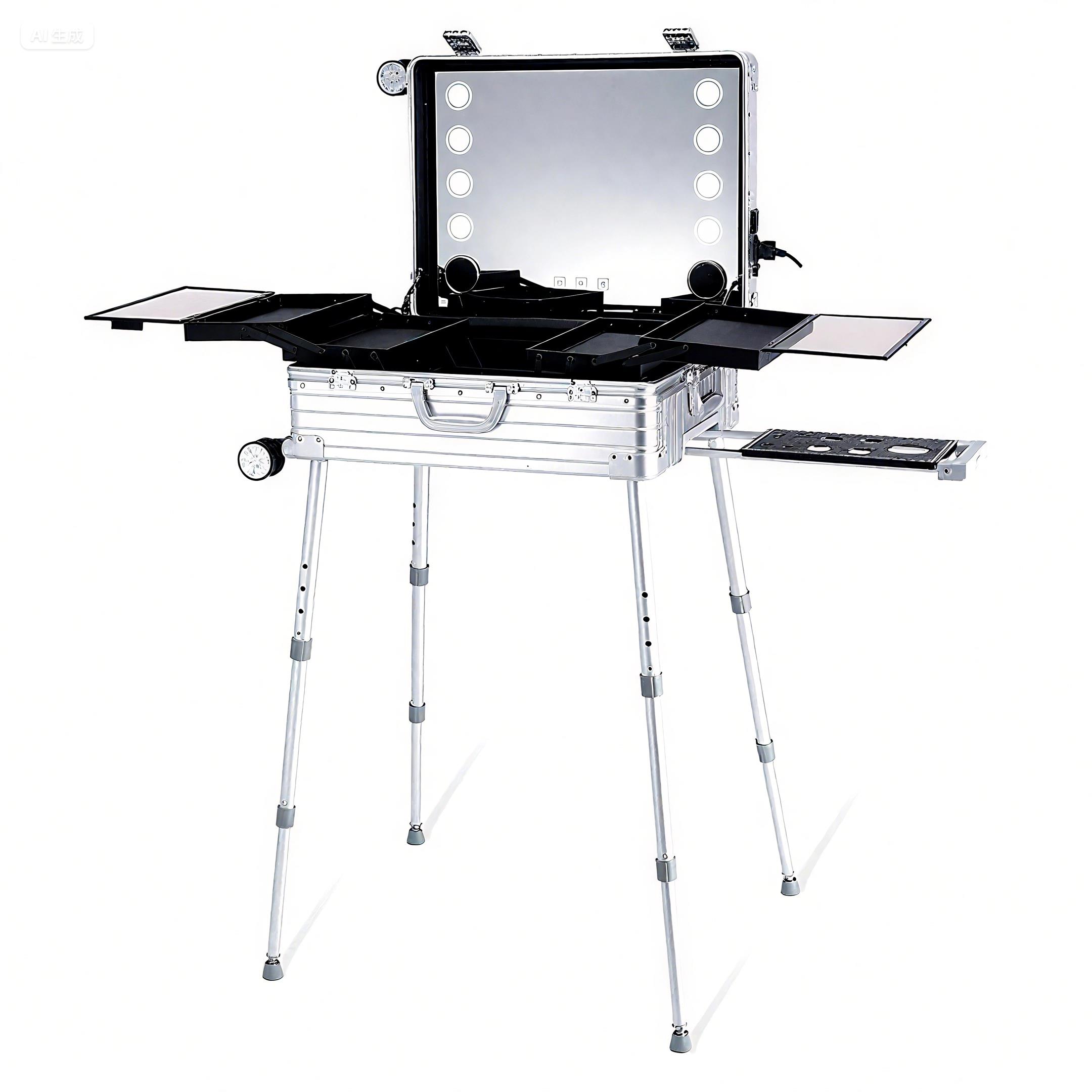 新款专业化妆箱带灯化妆师专用铝合金跟妆箱带支架大容量新娘跟妆