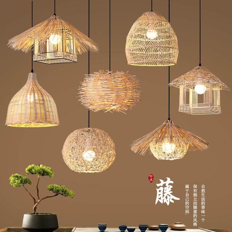 日式复古藤艺吊灯手工编织圆形鸟巢房子草帽田园饭店餐厅农家乐灯