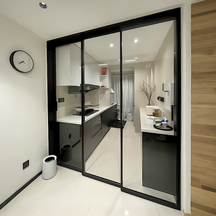 定制推拉门移门厨房门卫生间门玻璃门三联动极窄边框吊轨钛镁合金