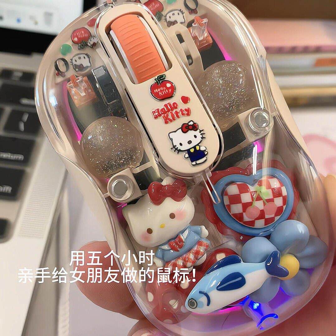 哈喽kitty手工diy滑鼠透明自制无线滑鼠静音高颜值办公装饰品摆件