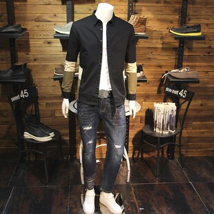 休闲简单拼接色翻领长袖 外搭青年修身 衬衣 衬衣外套薄r款 2020春装