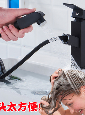 卫生间洗脸盆抽拉式面盆水龙头浴室黑色全铜冷热伸缩旋转台盆龙头