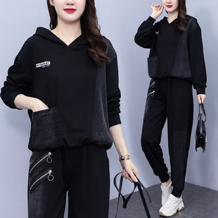 时尚 女装 套装 两件套大码 卫衣拼接牛仔连帽宽松长袖 胖妹妹2025新款