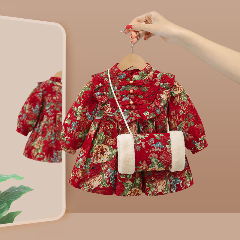 女童汉服洋装冬季加绒2023新款儿童过新年拜年衣服宝宝周岁礼服图片