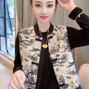 无袖 国风盘扣拼接马甲外套女时尚 立领显瘦外搭上衣 新款 2024春季
