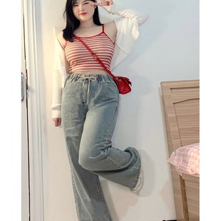 女高腰显瘦宽松阔腿裤 辣妹抽绳松紧腰牛仔裤 子 300斤胖mm牛仔裤