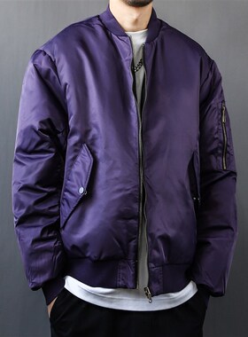 美式飞行夹克服男冬l季宽松MA1保暖棉外套短款紫色立领棒球服棉衣
