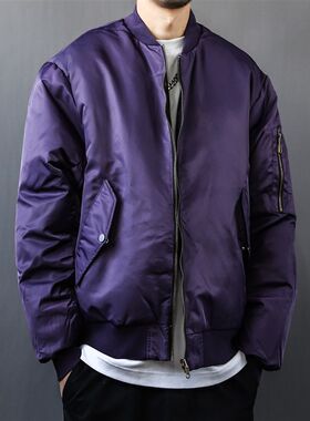 美式飞行夹克服男冬l季宽松MA1保暖棉外套短款紫色立领棒球服棉衣