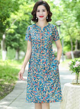 女夏装妈妈连衣裙洋气中长款40岁50中年妇女短袖中老年直筒裙子薄