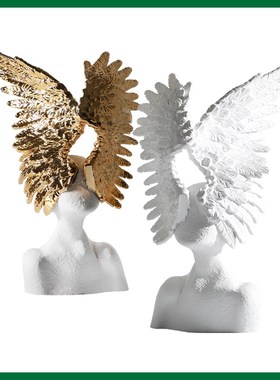 北欧轻奢天使翅膀艺术雕塑摆件样板房售楼处白色人物玄关客厅软装