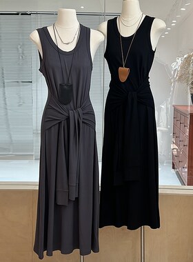 假两件绑带d收腰吊带连衣裙女夏季中长款圆领修身显瘦黑色无袖裙