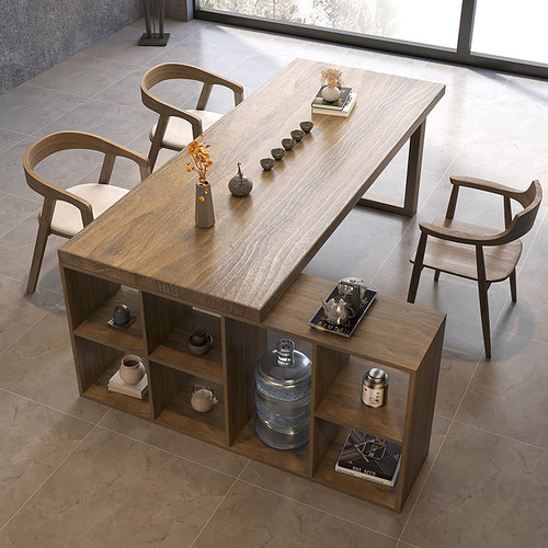 转角实木茶桌家用客厅置物长条桌子新中式桌柜一体办公桌椅组合