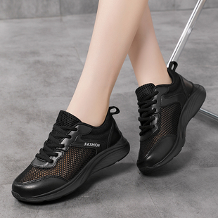 黑色网鞋女夏季透气网面运动鞋镂空女鞋软底防滑工作X鞋夏天小黑