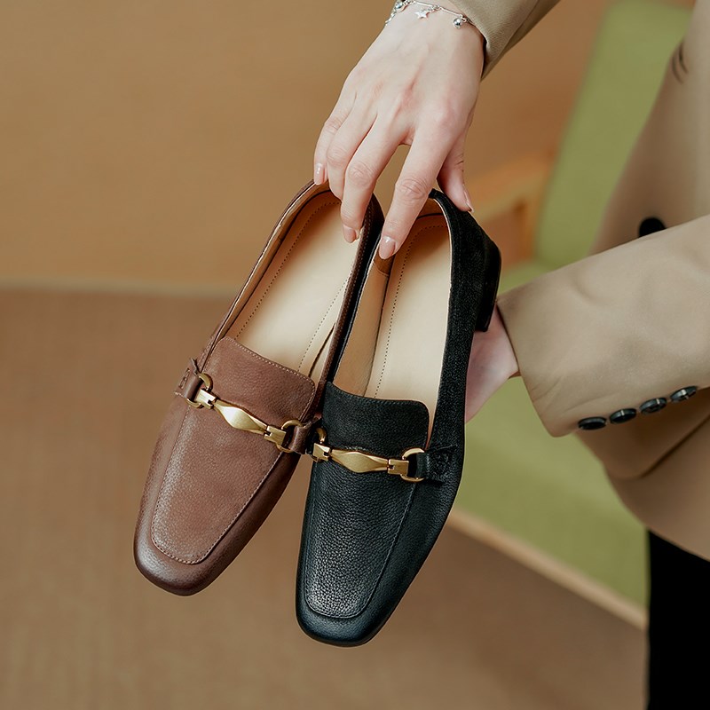 2024春秋新款法式时尚方头单鞋女复古小皮鞋高跟鞋女粗跟中口单鞋