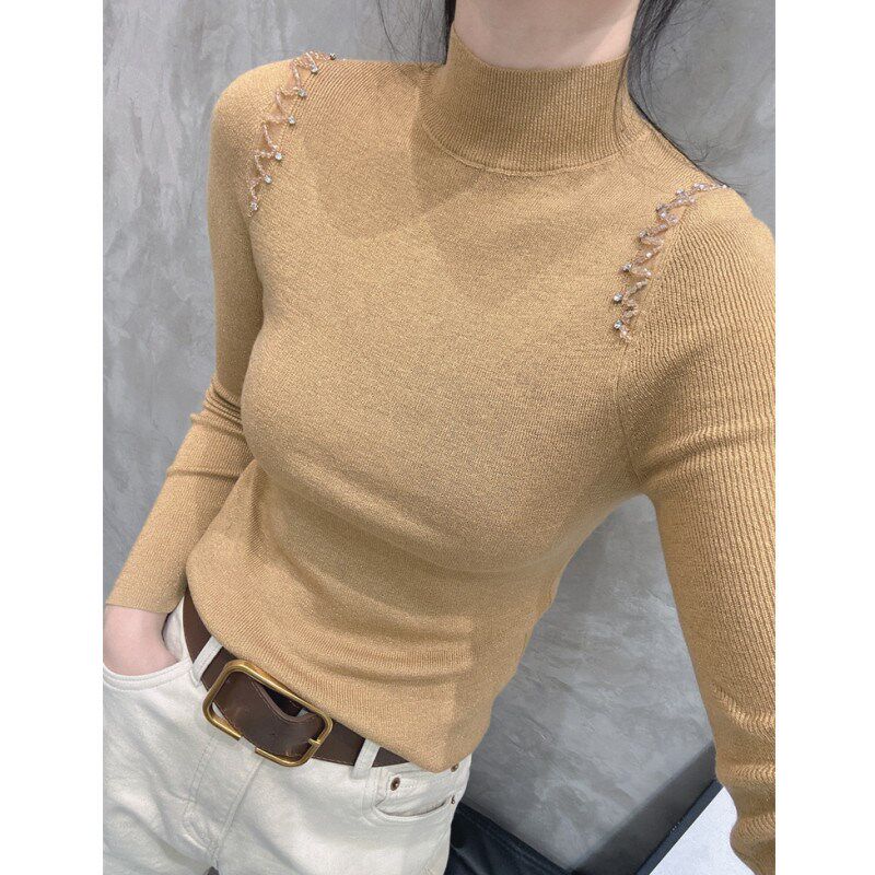 秋冬新款欧货钉珠长袖针织衫女时尚气质高级紧身半高领打底衫上衣