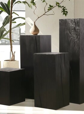 碳化木墩子黑色实木根雕凳子花架底座摆件木桩侘寂风民宿边几装饰