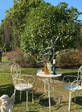 法式乡村铁艺做旧户外桌椅套件白色绿色花园庭院阳台客厅圆桌椅子