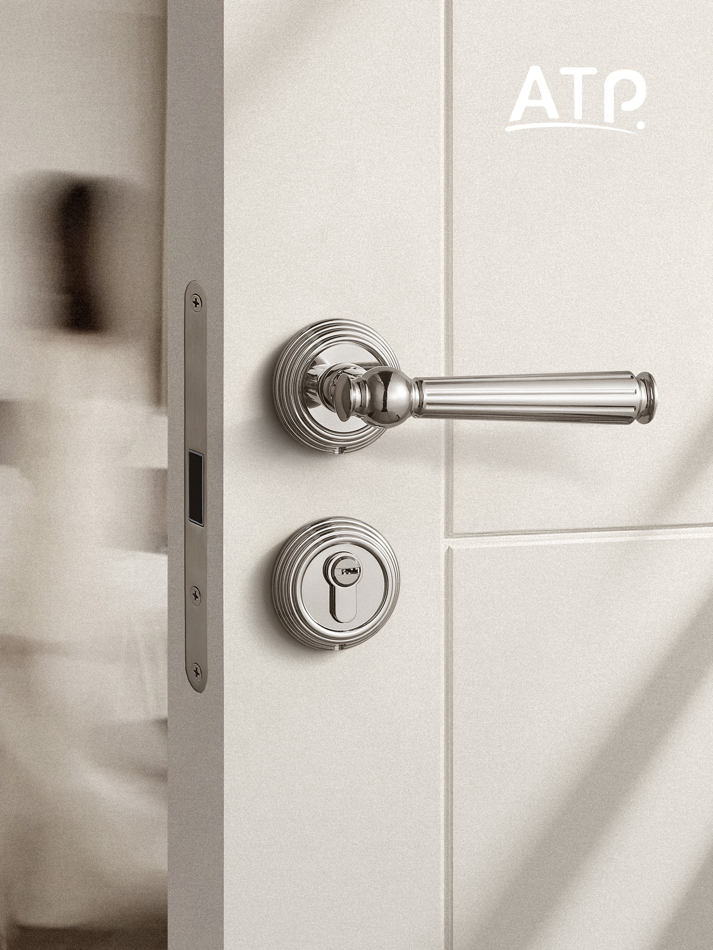 ATP法式卧室门锁室内分体磁吸静音房间门亮铬银色家用覆古门把手