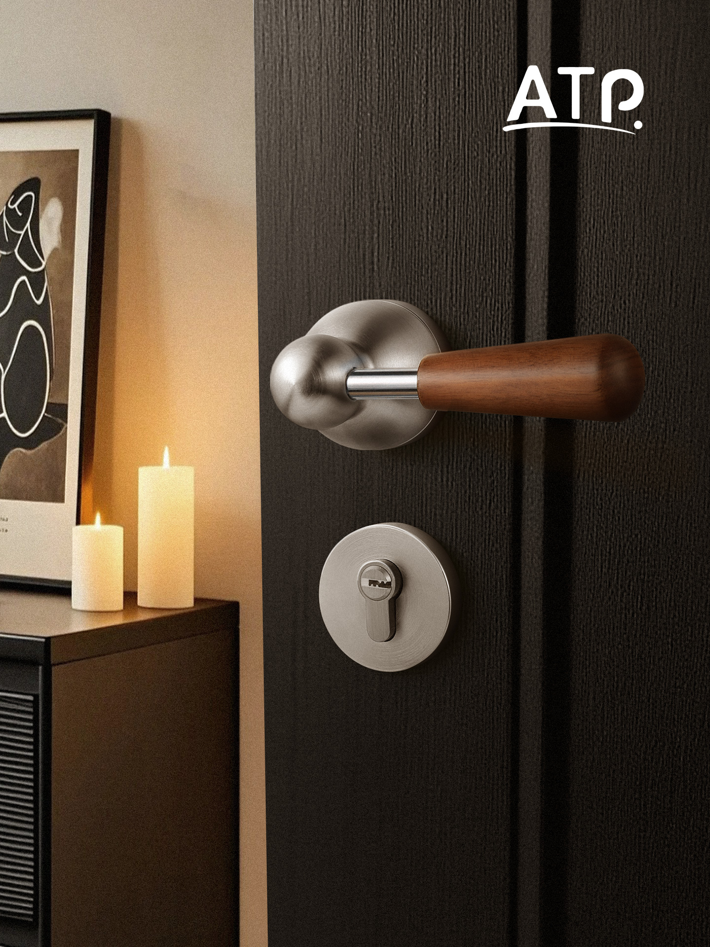 Atp世纪中叶风格的卧室门锁室内分裂磁性静音锁房间胡桃木门把手