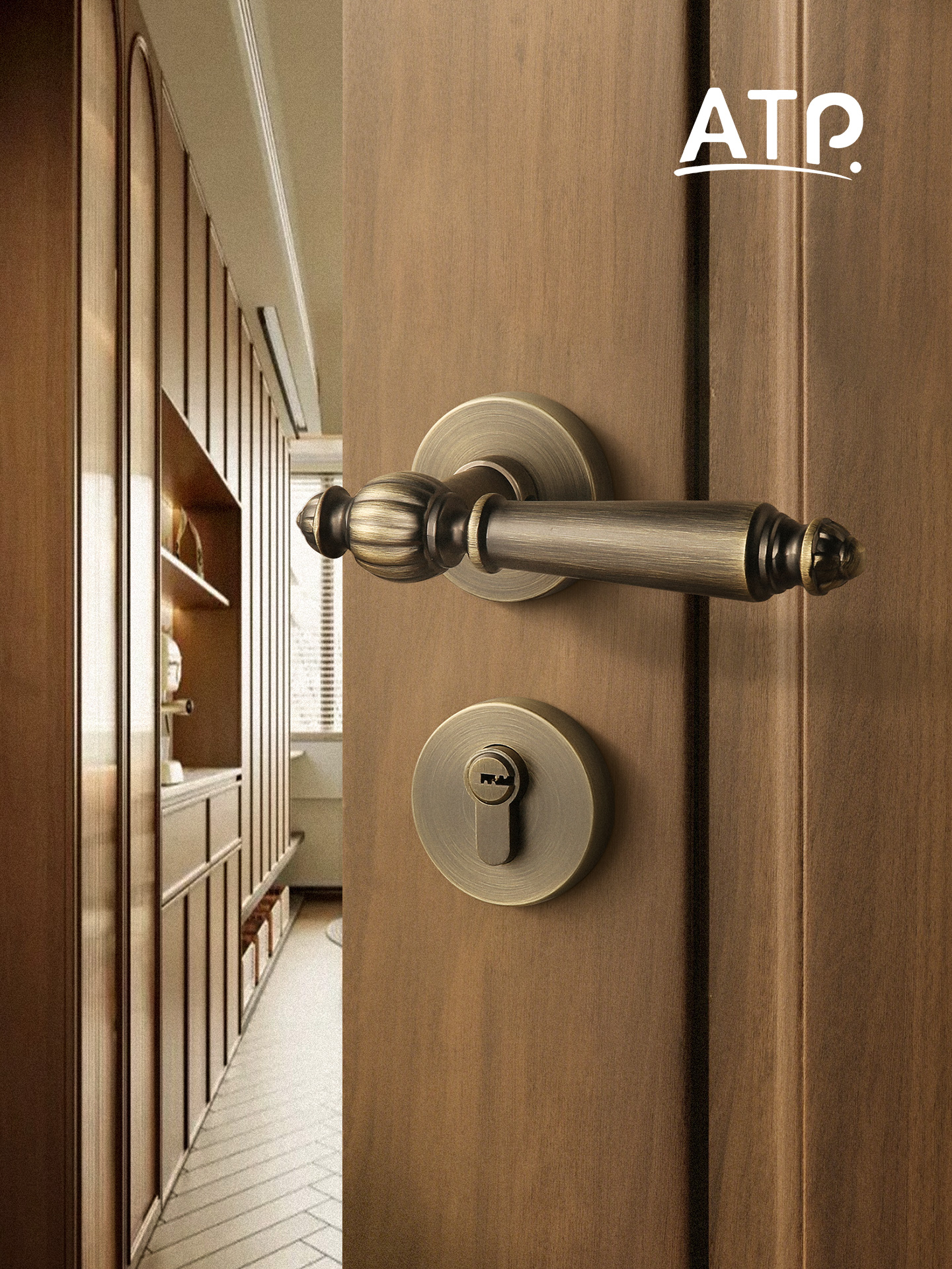 ATP法式覆古卧室房门锁青古铜室内分体磁吸静音锁家用房间门把手
