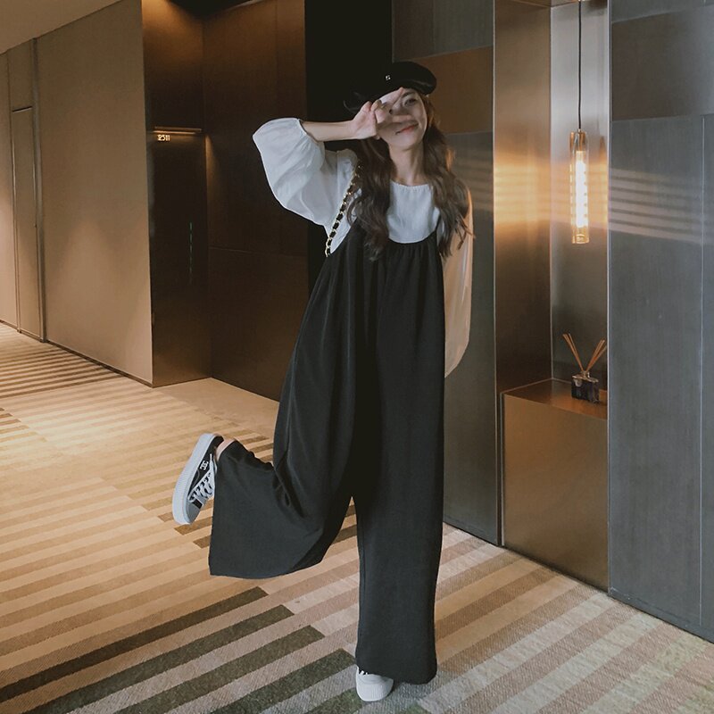奶系阔腿背带裤女春秋2025新款小个子可盐可甜网红穿搭,女装连体裤,浙宝201
