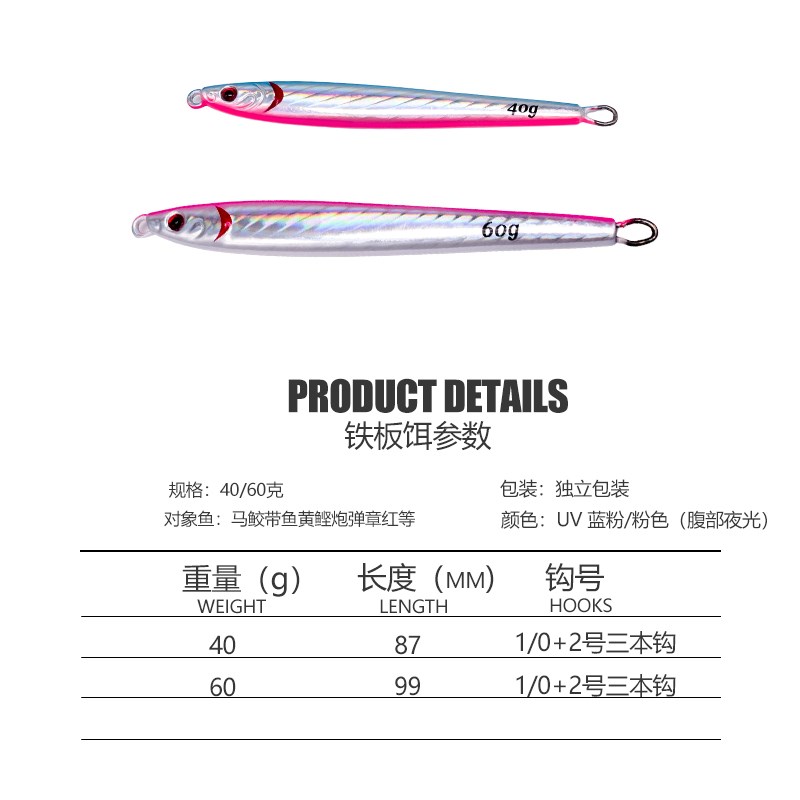 ZYOO40g60g夜光钨钢铁板路亚饵海钓马鲛刀鱼鲅鱼全UV快抽铁板饵