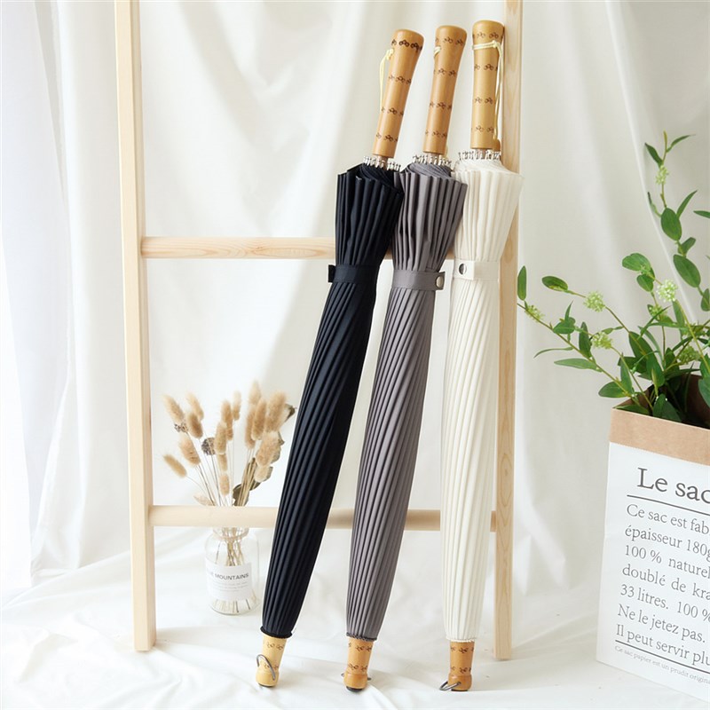 沛欣雨伞复古风汉中国风木质直柄伞24骨竹伞黑白男女长柄伞晴雨伞