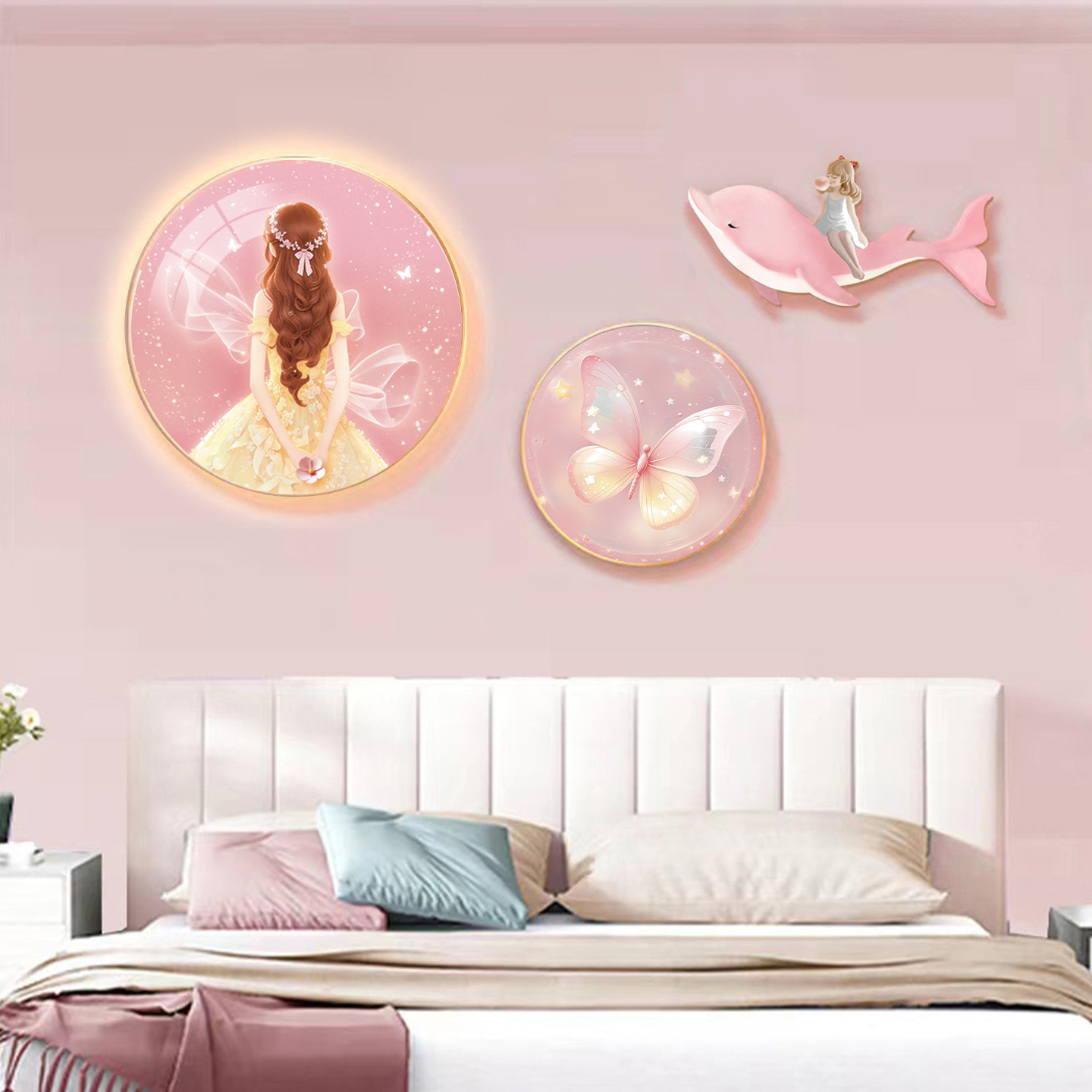 创意灯画儿童房卧室床头装饰画圆形挂画粉色女孩房间布置墙面壁画图片