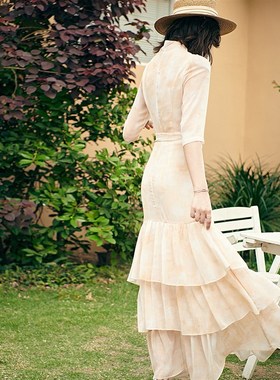 早春真丝手感e黄色晕染雪纺连衣裙478v领长裙蛋糕仙女裙拖地到脚