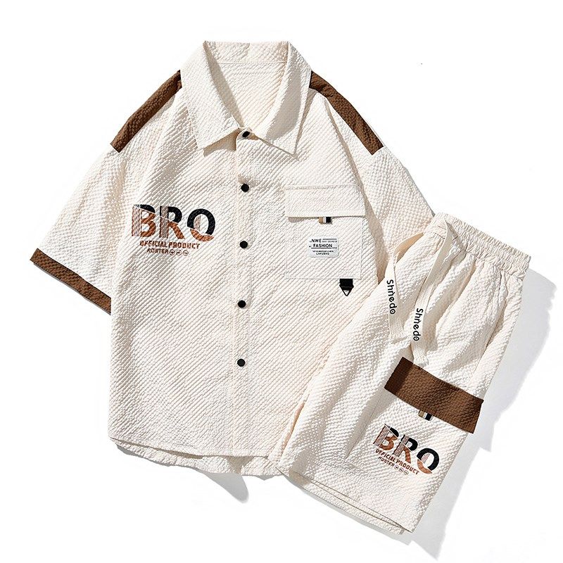 2024年夏季新款潮牌套装时尚两件套短袖衬衫短裤青少年外穿开衫男,男装,时尚套装,淘宝优惠券,粉丝福利购,淘宝优惠卷