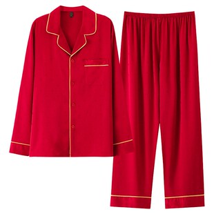 春秋情侣睡衣长袖大红缎面冰丝新婚情侣家居蜜月本命年睡衣套装