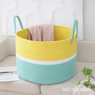 时尚拼色棉绳收纳篮简约大容量手提储物篮衣帽间卧室脏衣篮供应