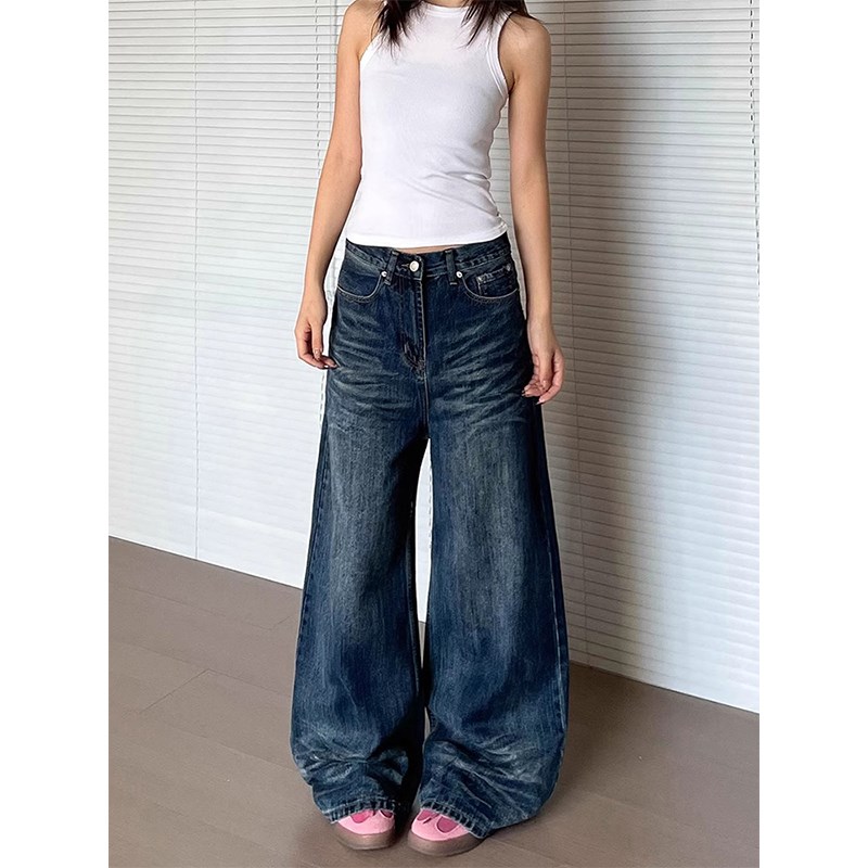 美式复古宽松水洗猫须n牛仔裤女2025春季新款高腰直筒阔腿拖地裤