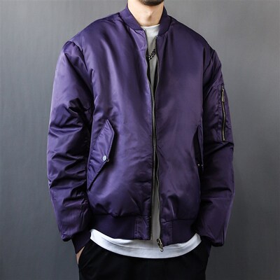 美式飞行夹克服男冬季宽松MA1保暖棉外套短款紫色立领棒球服棉衣